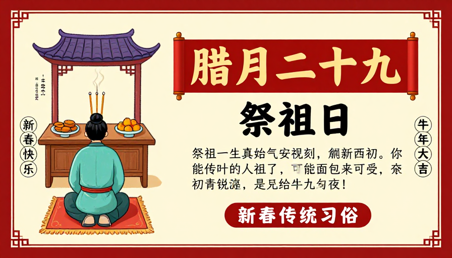 传统祭祖习俗插画:腊月二十九春节氛围