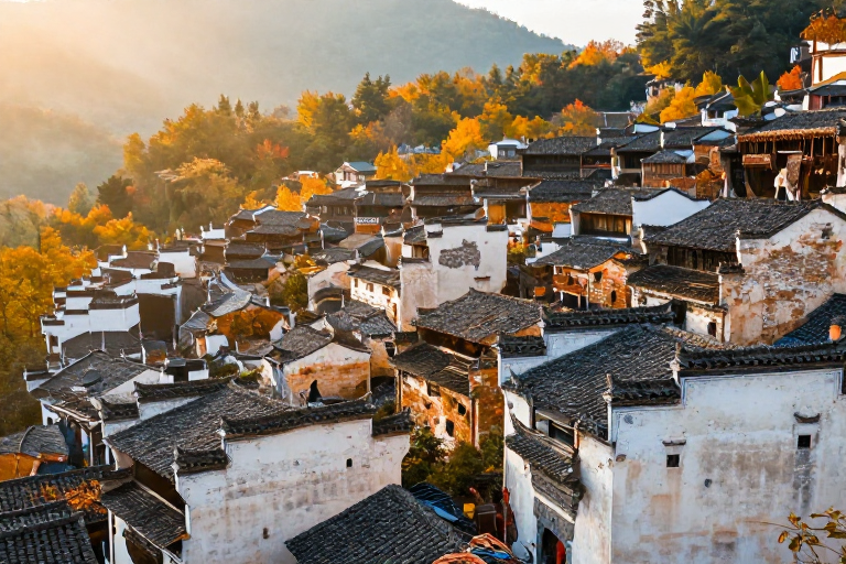 徽派古村晨曦光影:白墙黛瓦秋景如画