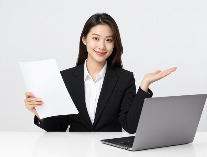 专业职场女性展示工作成果的高清摄影