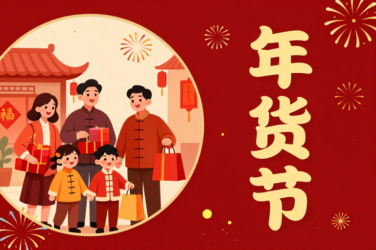 红火年货节:温馨家庭购物插画海报