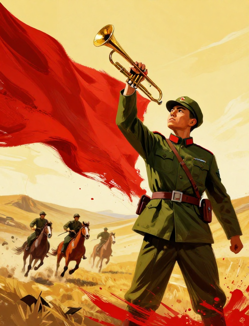 革命浪漫主义战士吹号，红旗与骑兵奋进的史诗瞬间