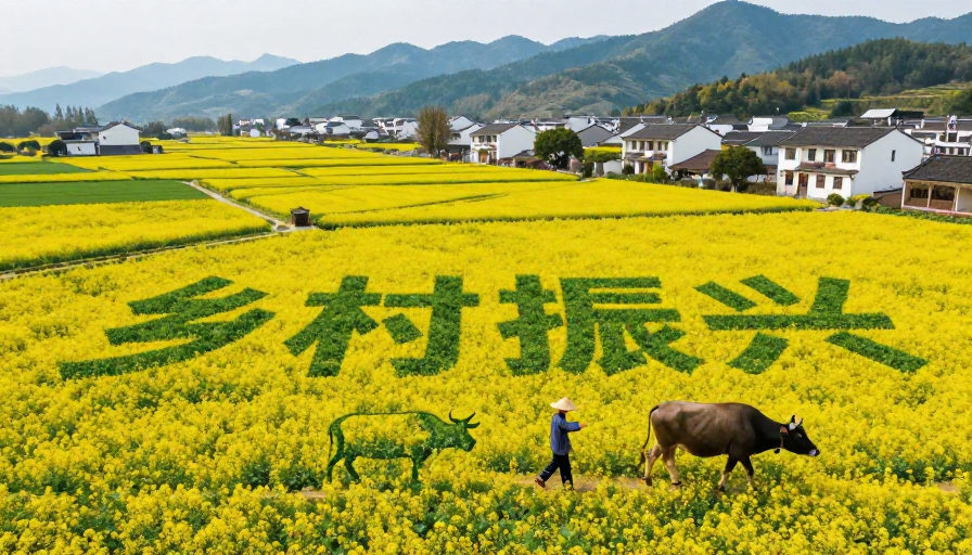 油菜花田绘‘乡村振兴’农人牵牛现和谐美景