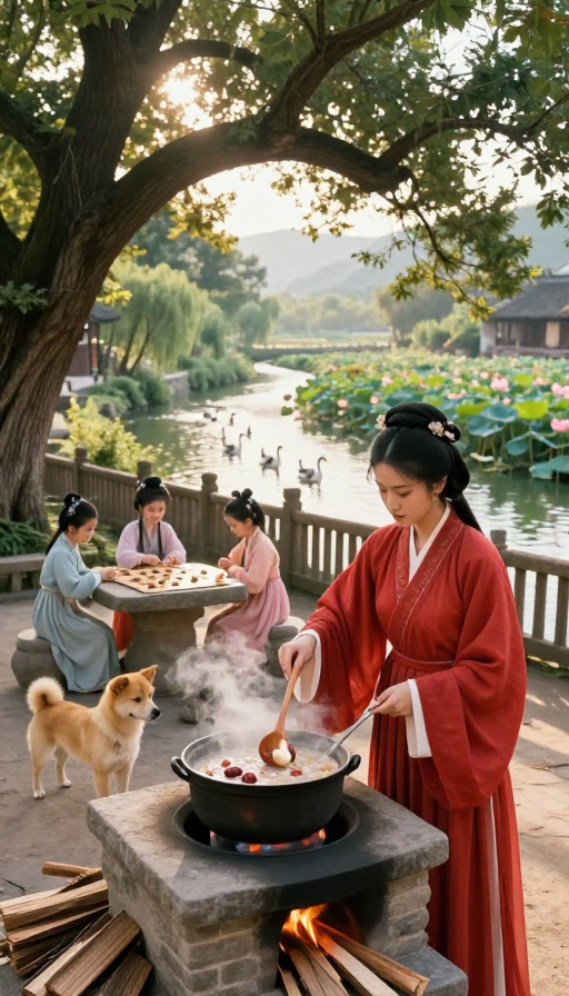 古韵养生：红衣女子与红枣山药粥的晨光田园录