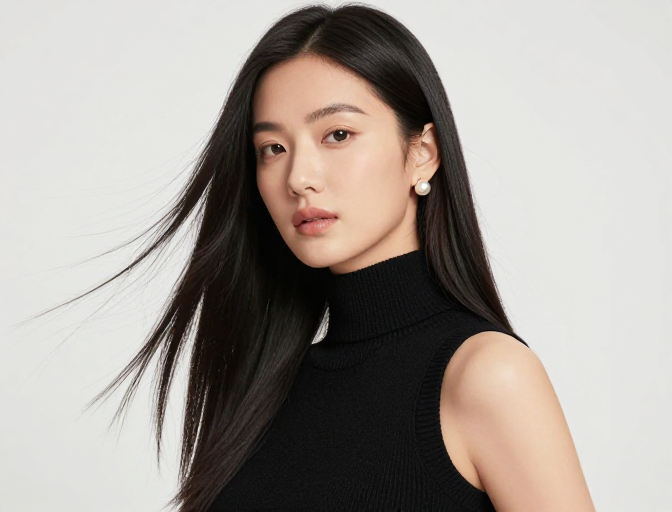 素雅黑发女侧影，黑针织与珍珠耳钉的时尚柔光瞬间