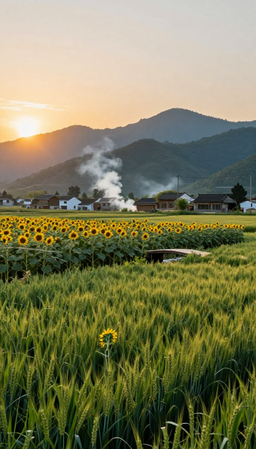 绝美田园风光:麦田向日葵与炊烟的4K夕阳摄影