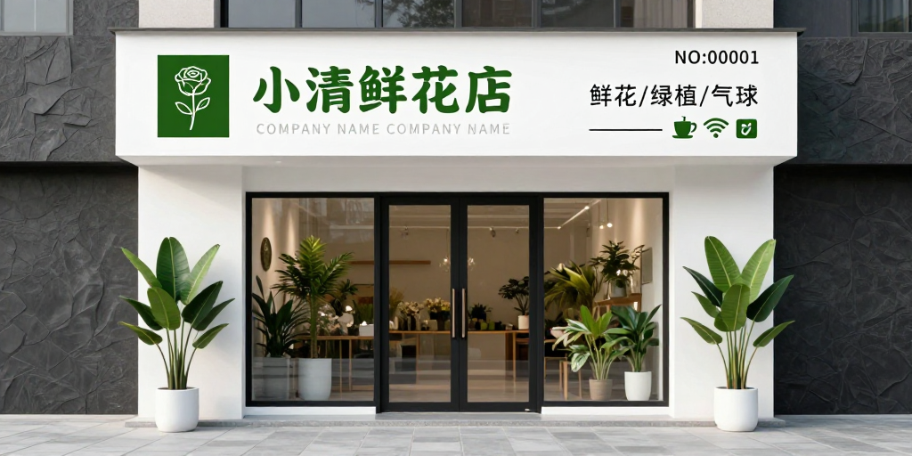现代简约白色绿调花店门头设计图