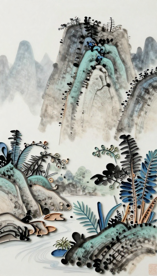 瓷面衍纸景泰蓝水墨山水抽象艺术图