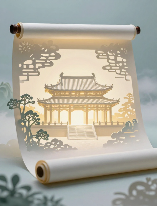 中国古风画卷：朦胧建筑与剪纸艺术之美