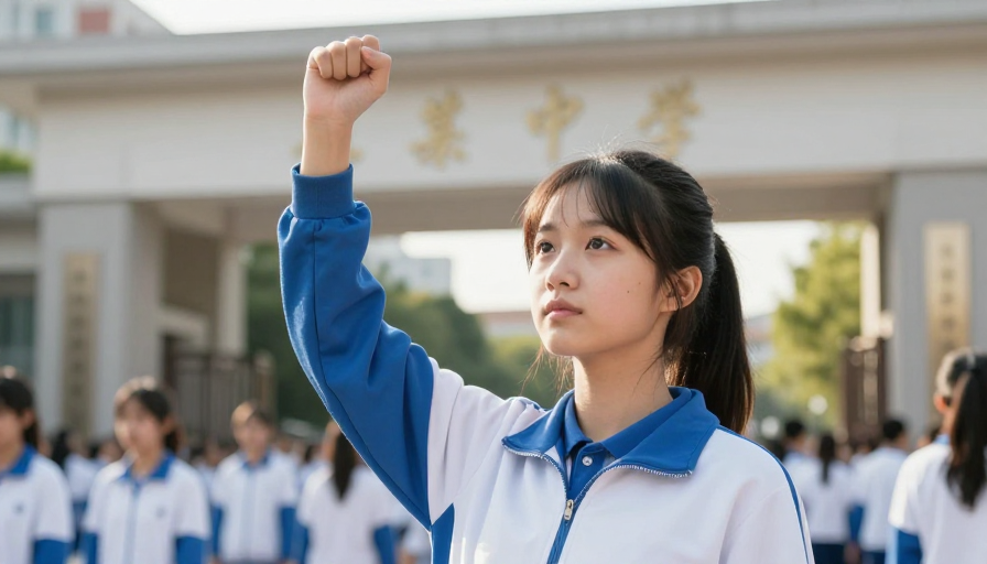 青春坚毅：女学生校服握拳励志摄影