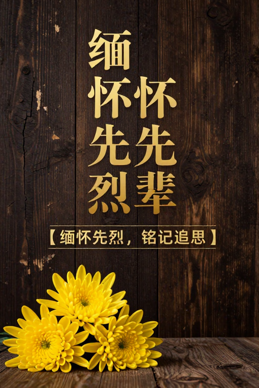 金色浮雕字缅怀先烈 菊花点缀肃穆木纹背景