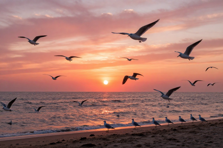 日落海滩上的自由飞翔：海鸥与霞光共舞