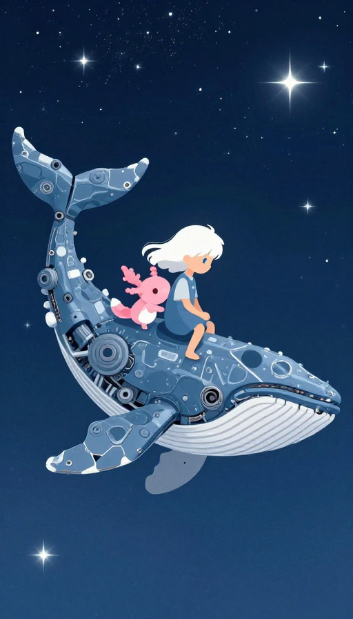 机械鲸鱼载星夜梦：梦幻绘本风童趣插画