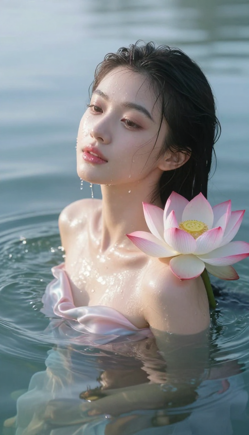 晨辉湖影：少女透明肌肤与荷花共舞