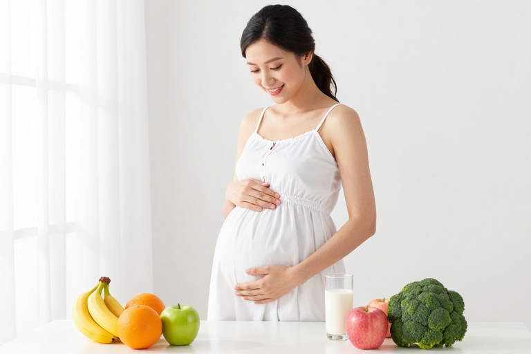孕期营养典范：孕妇与蔬果美食的温馨画面