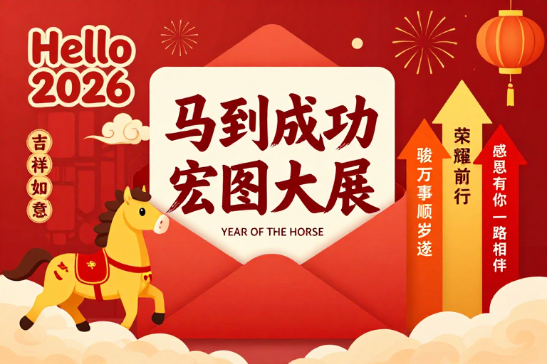 2026新春海报：红金融合书法骏马迎新