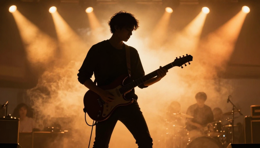 橙黄光影下的剪影吉他手:专注演奏瞬间