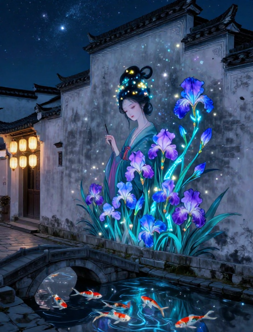 徽派花神幻境：霓虹与绢本交织的夜光画卷