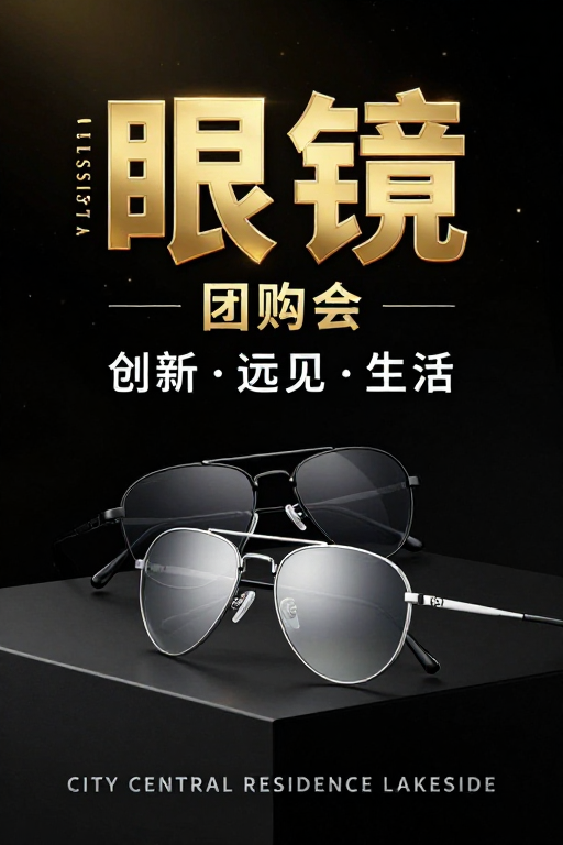高端奢华眼镜促销：金属质感与金色光效的极致演绎