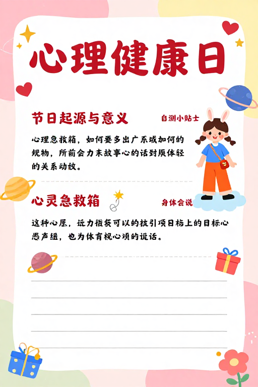 心理健康日:明亮活泼治愈系插画海报