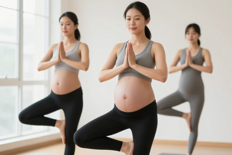 孕妈妈瑜伽树式练习：自然光下的健康与优雅实拍