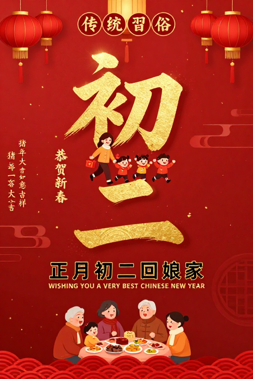 传统中国风大年初二回娘家喜庆海报