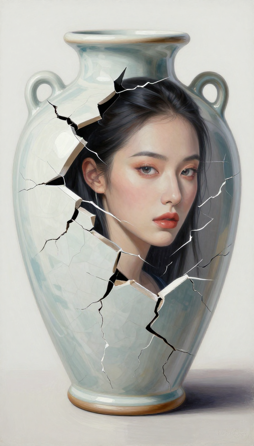超现实破碎肖像：冷酷女明星与陶瓷裂痕的艺术碰撞