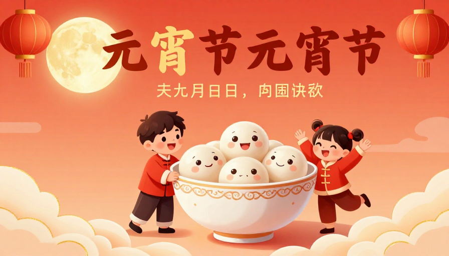 元宵喜乐:传统瓷碗汤圆与孩童欢腾插画