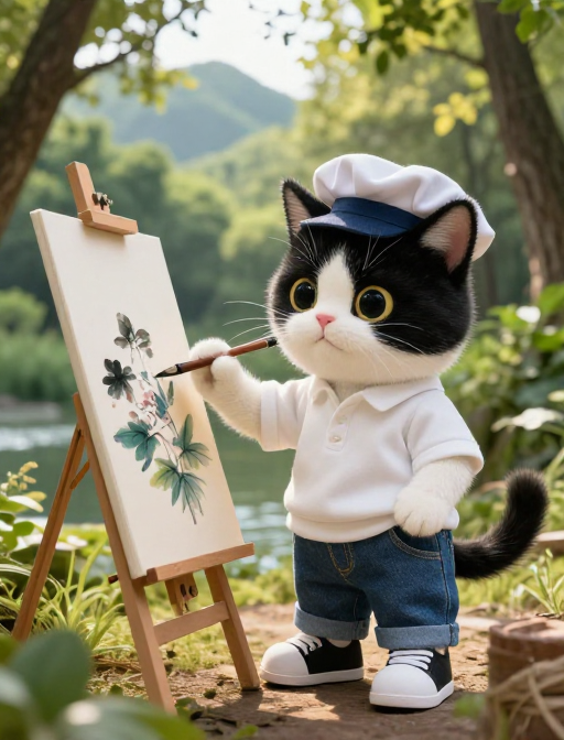 萌趣奶牛猫山林国画写生