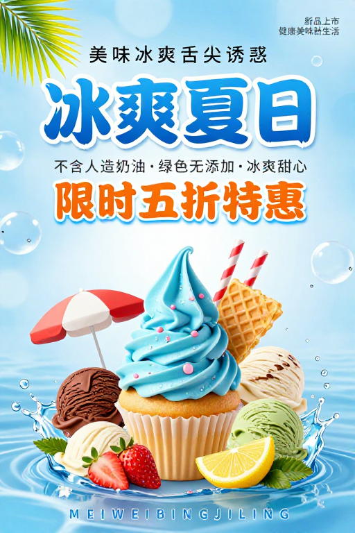 冰爽夏日促销海报:清新蓝白冰淇淋视觉盛宴