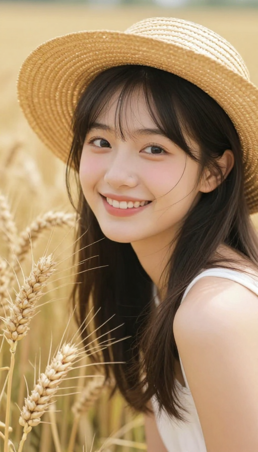 金黄麦田中甜美少女的丰收喜悦瞬间