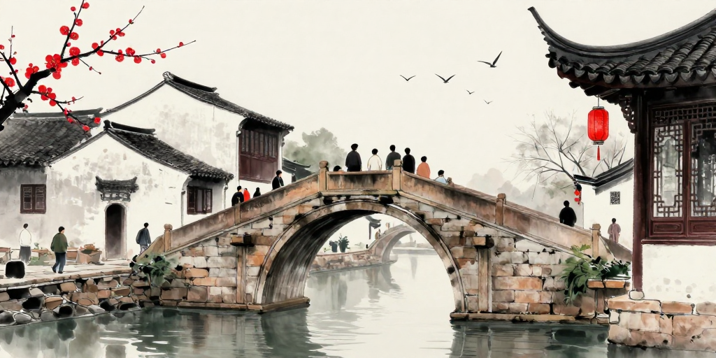 水墨江南：古桥行旅与红梅映景