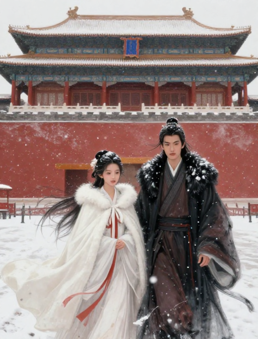 风雪古韵：暗红宫墙下的双人写意