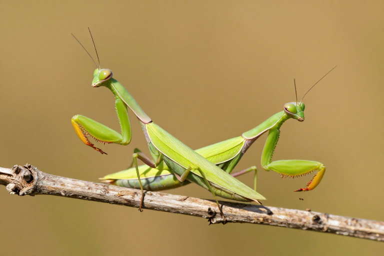 翠色螳螂交配：自然生态的极致呈现