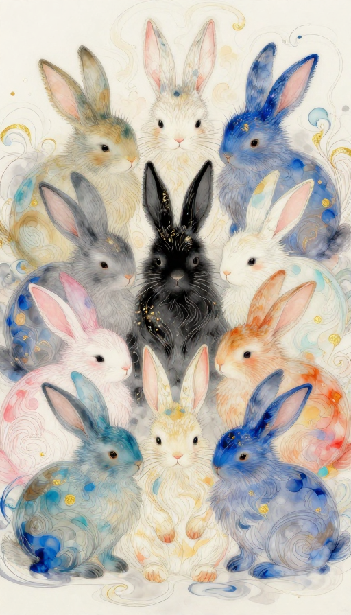 幻彩兔群与神秘黑兔的治愈系线稿插画