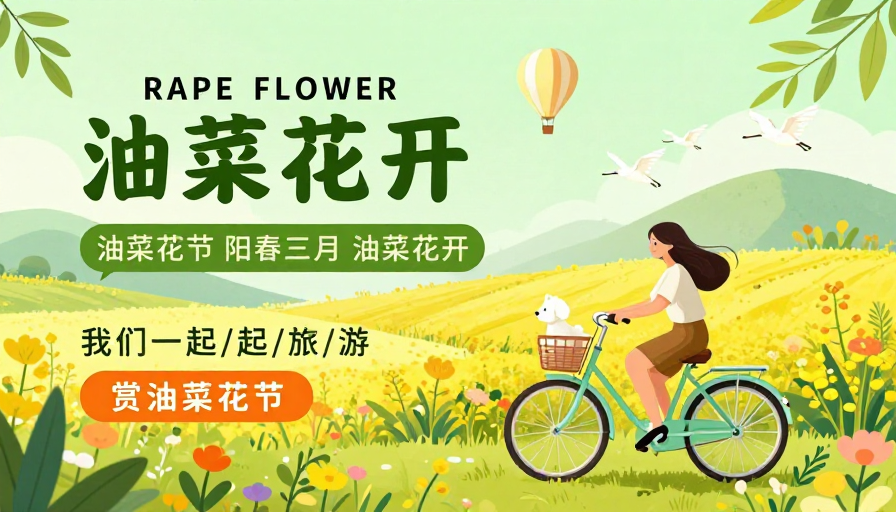 清新春日插画：油菜花开的生机之旅