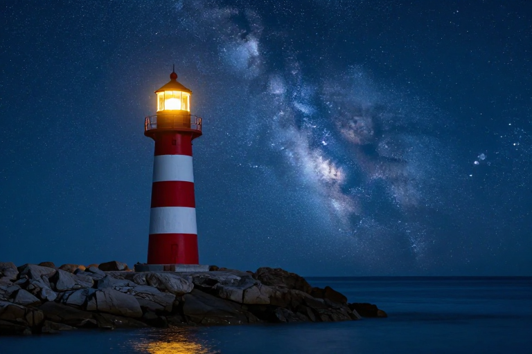 银河下的红白灯塔:冷峻夜景中的温暖指引