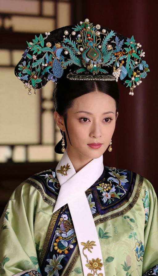 中式宫廷华贵女性肖像:古典凤冠与绿叶花纹