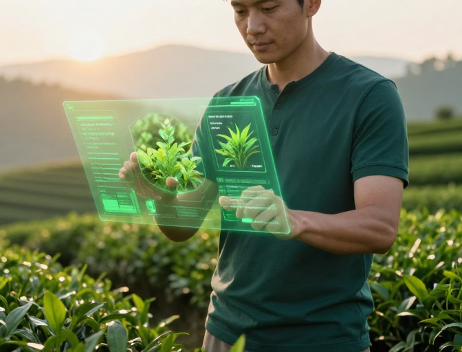 智慧农业未来:全息界面与茶园晨光的融合