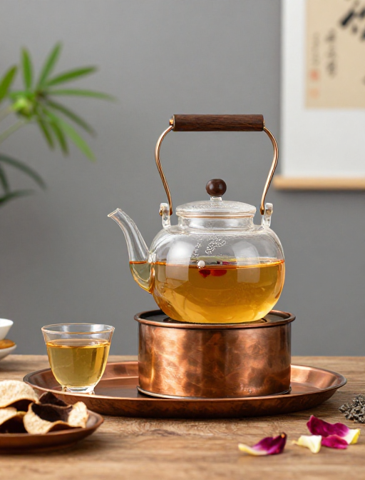 雅韵茗香:高硼硅玻璃茶壶静置实拍