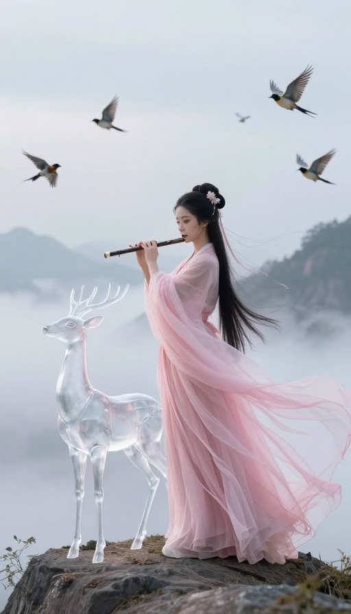 粉纱少女吹笛山巅,七彩神鹿伴舞仙韵