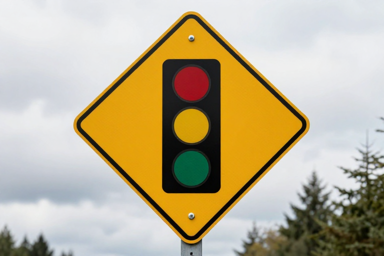 多云天空下的交通警告标志,高清冷调摄影风格