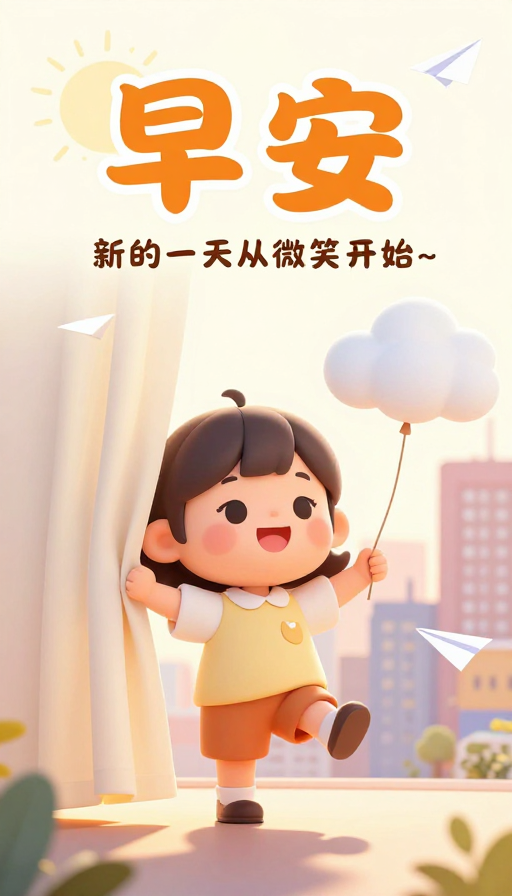 卡通手绘Q版早安：踮脚迎朝阳的快乐时光