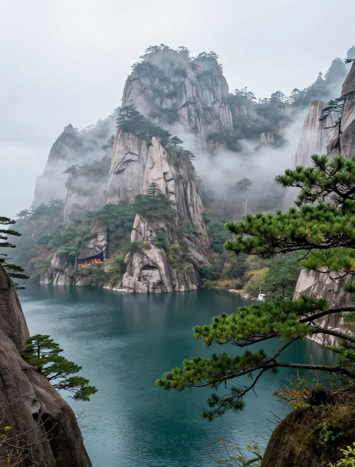 云雾缭绕的奇峻山峰与清澈湖水，国风画卷中的自然意境