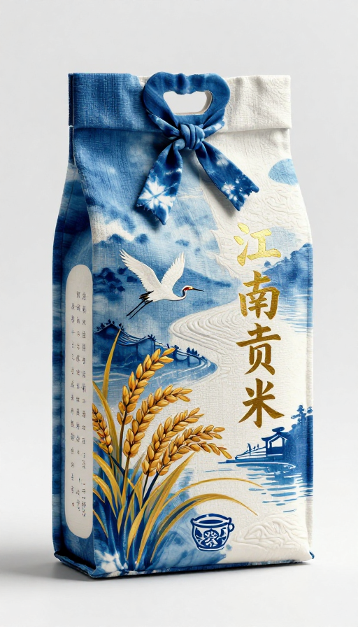 靛蓝水墨江南贡米包装：稻穗白鹭烫金质感设计