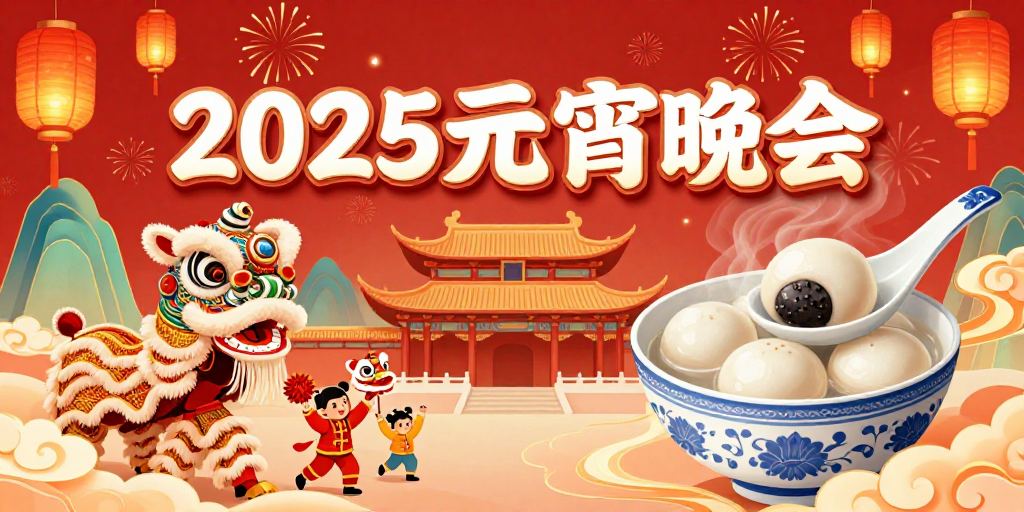 2025元宵晚会：朱红金彩中国风插画海报