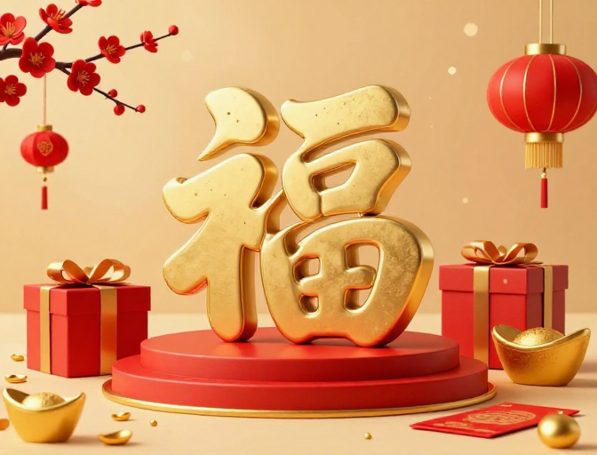 新春福瑞：金色立体‘福’字与节日装饰