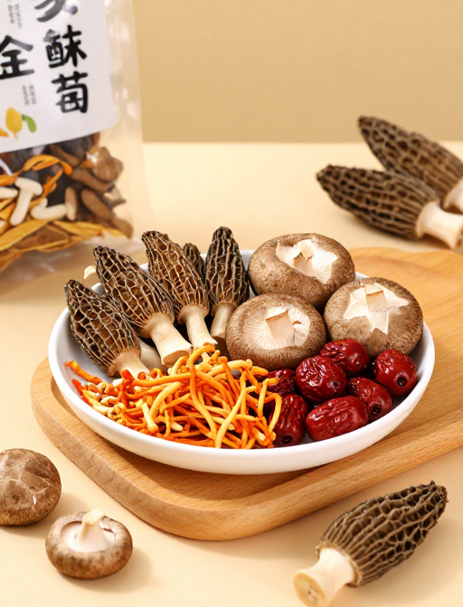 菌菇料包摆盘：温馨煲汤食材准备
