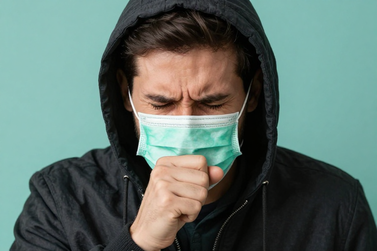 戴口罩咳嗽男子高清肖像，公共卫生宣传