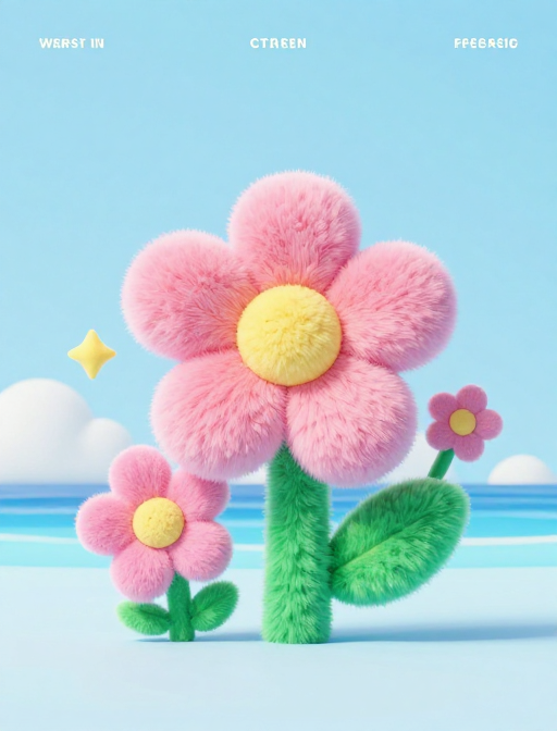 夏日治愈：C4D毛绒花海与极简多巴胺美学