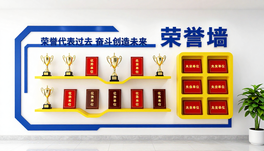 现代企业荣誉墙:蓝黄白三色专业视觉呈现